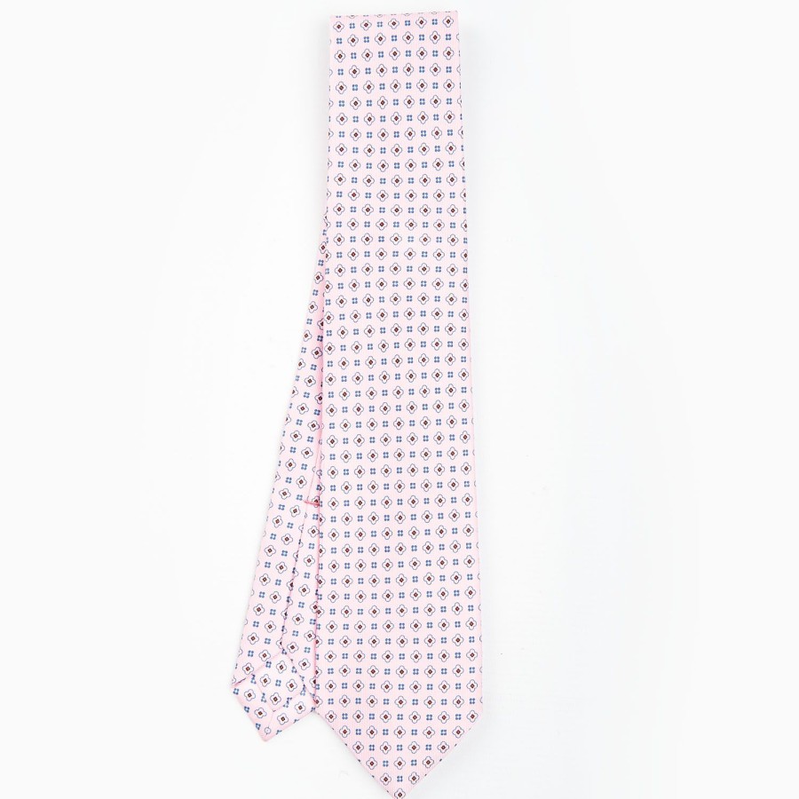 New E.Marinella Pink 7 Fold Sartorial Silk Tie - Small Flower Pattern