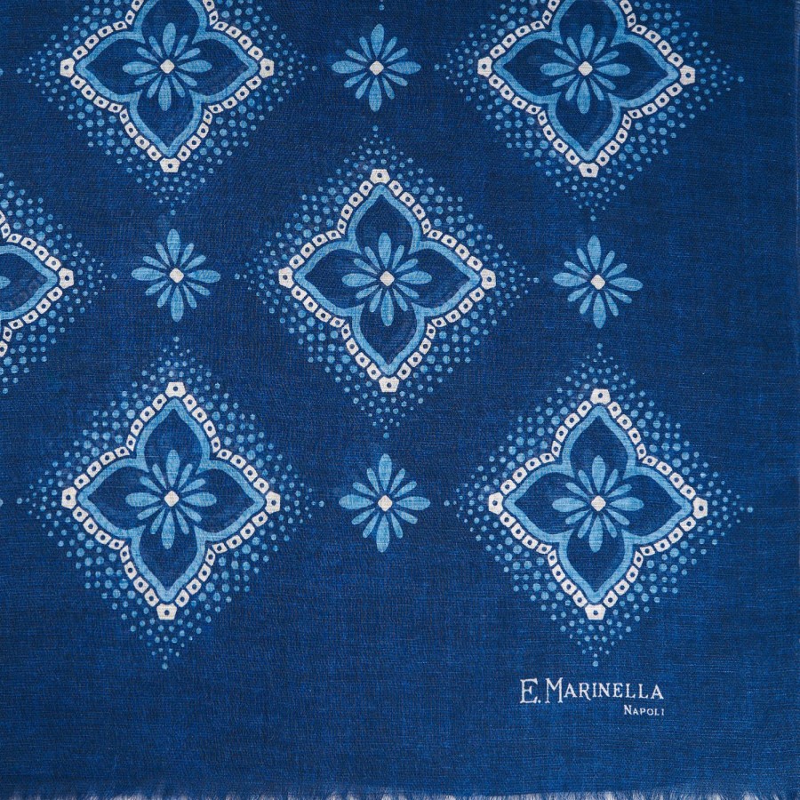 Wholesale E.Marinella Dark Blue Cotton And Linen Scarf - Light Blue Macro Flowers