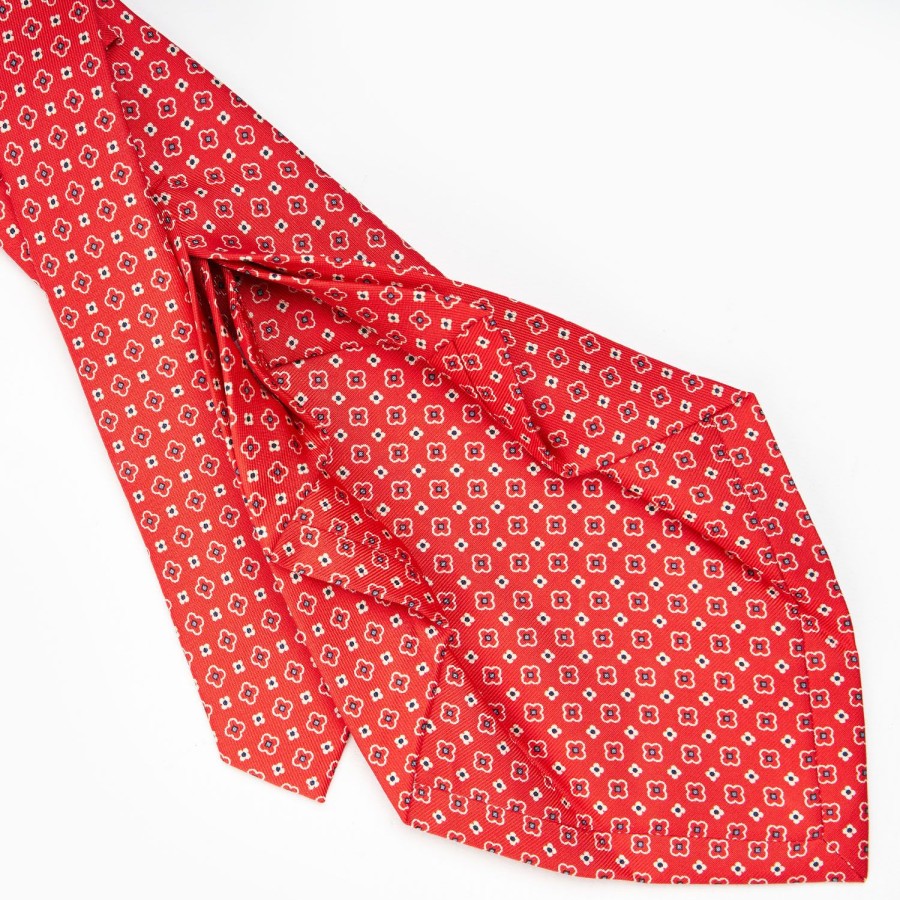 Best E.Marinella Red 7 Fold Sartorial Silk Tie - Small Flower Pattern