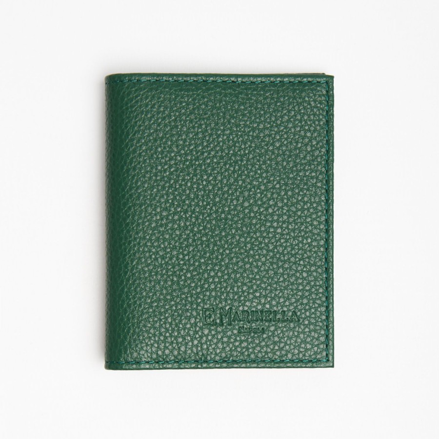 New E.Marinella Dark Green Hammered Leather Folding Card Holder - 10 Compartments