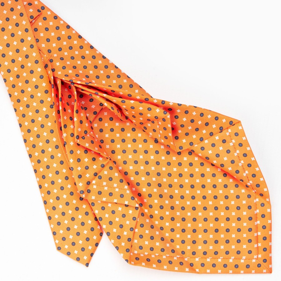 Clearance E.Marinella Orange 9 Fold Sartorial Silk Tie Small Flower Pattern