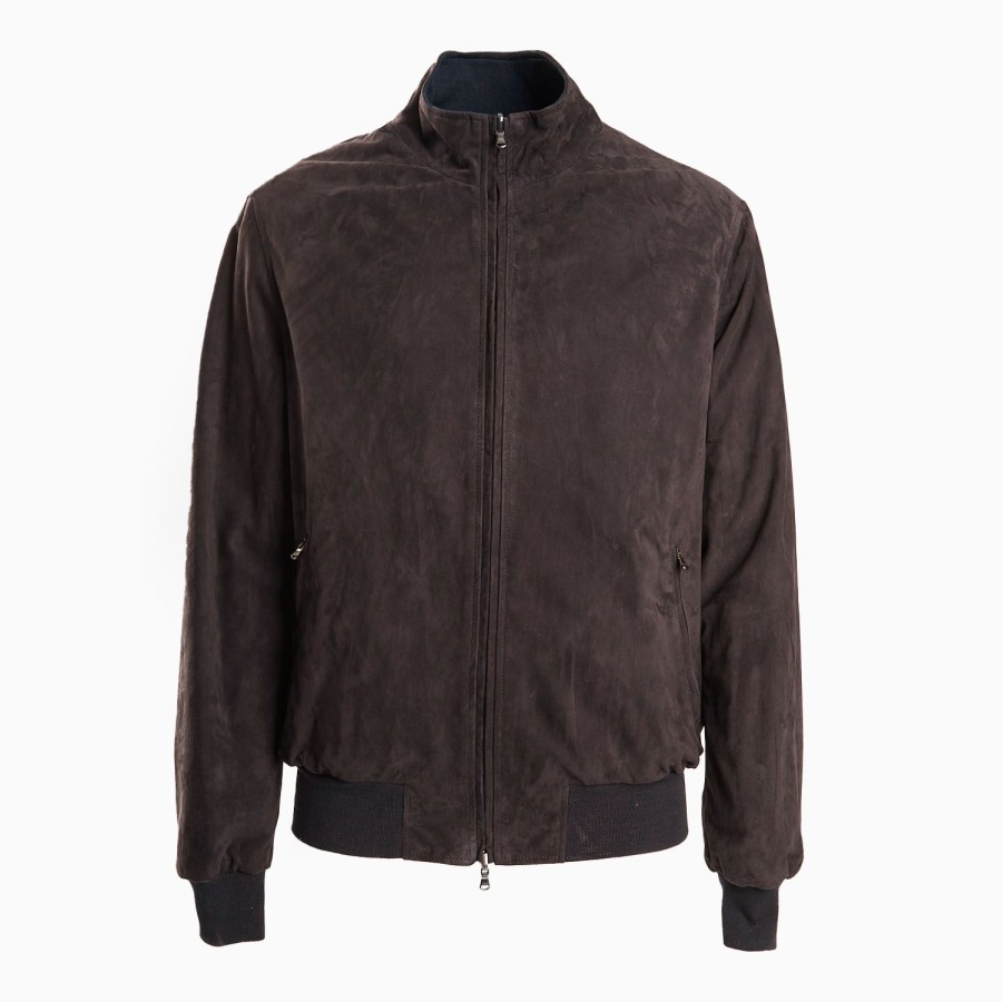 New E.Marinella Dark Brown Reversible Suede Leather And Nylon Jacket