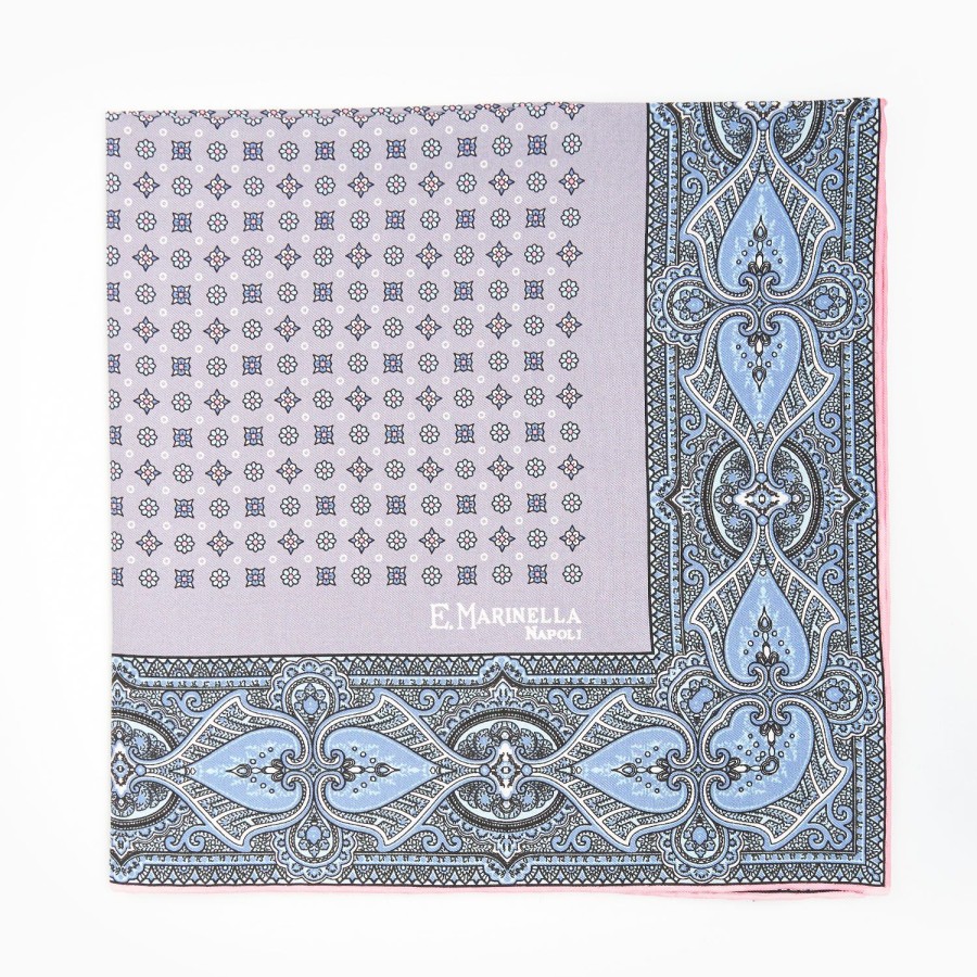 Best E.Marinella Light Grey Hand-Printed Silk Pocket Square - Small Flower Pattern