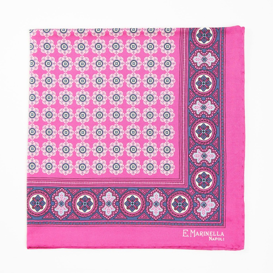 Clearance E.Marinella Fuchsia Hand-Printed Silk Pocket Square Large Flower Pattern