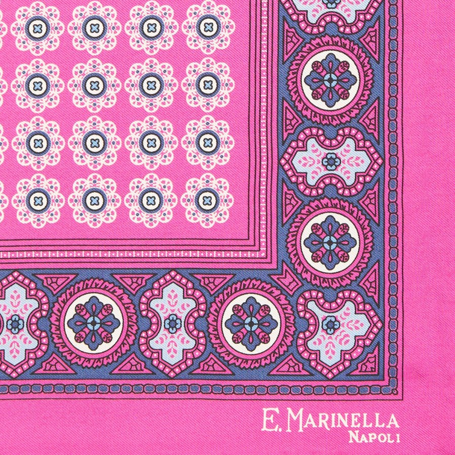 Clearance E.Marinella Fuchsia Hand-Printed Silk Pocket Square Large Flower Pattern