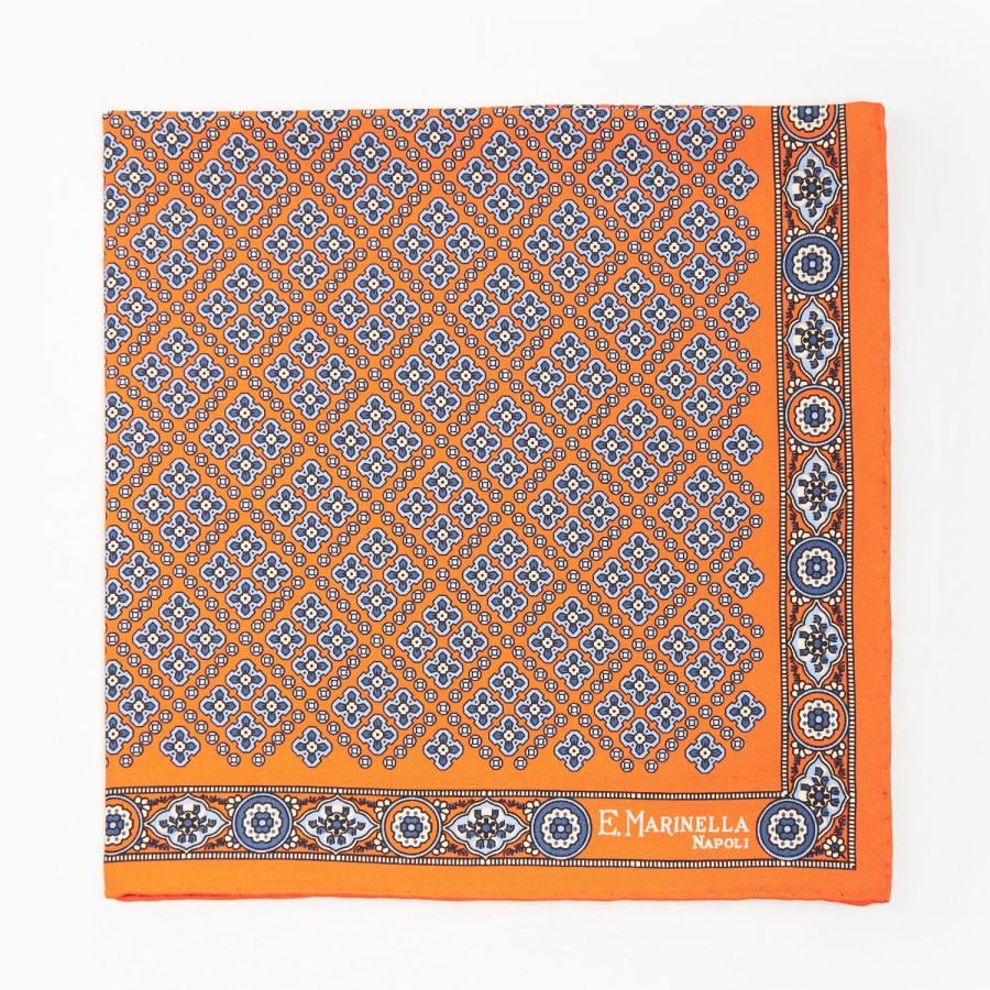 Wholesale E.Marinella Orange Hand-Printed Silk Pocket Square Large Flower Pattern