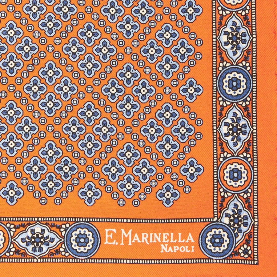 Wholesale E.Marinella Orange Hand-Printed Silk Pocket Square Large Flower Pattern