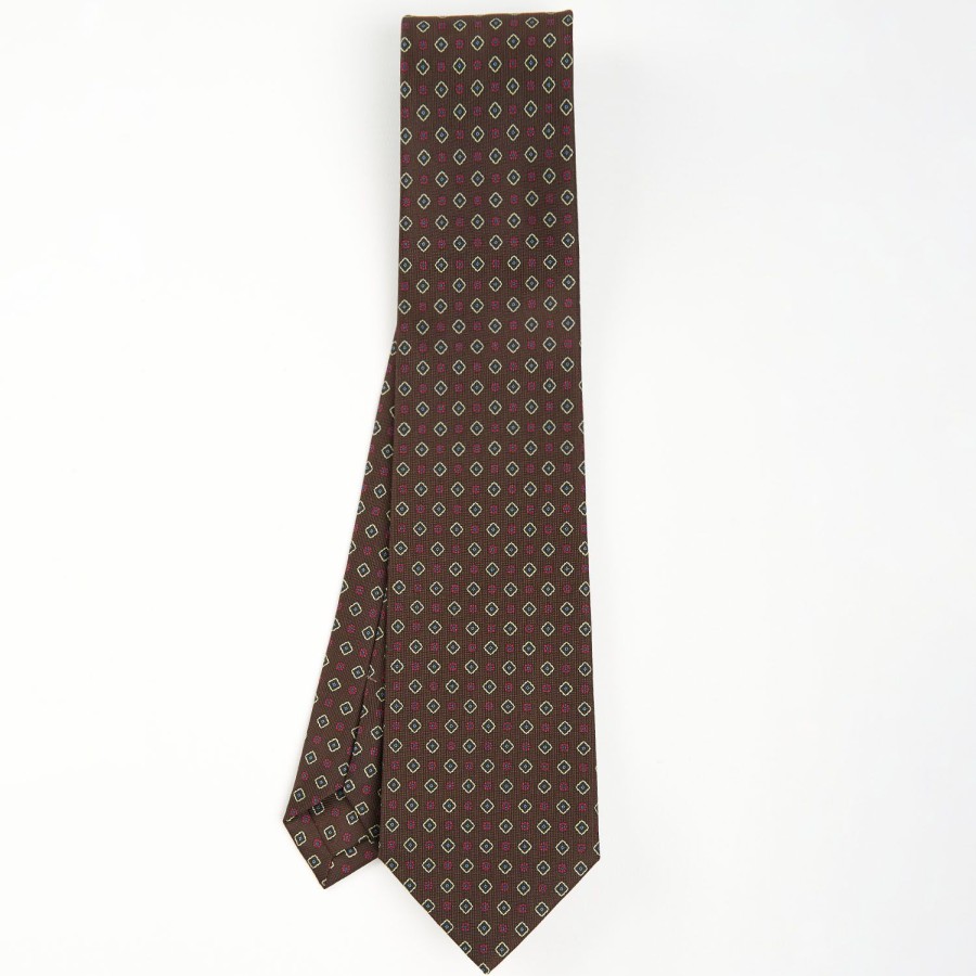 New E.Marinella Dark Brown Sartorial Classic Silk Tie - Small Flower Pattern