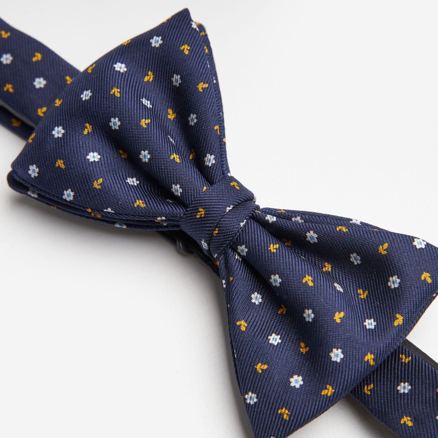 Hot E.Marinella Dark Blue Pre-Knotted Silk Bowtie- Small Flower Pattern