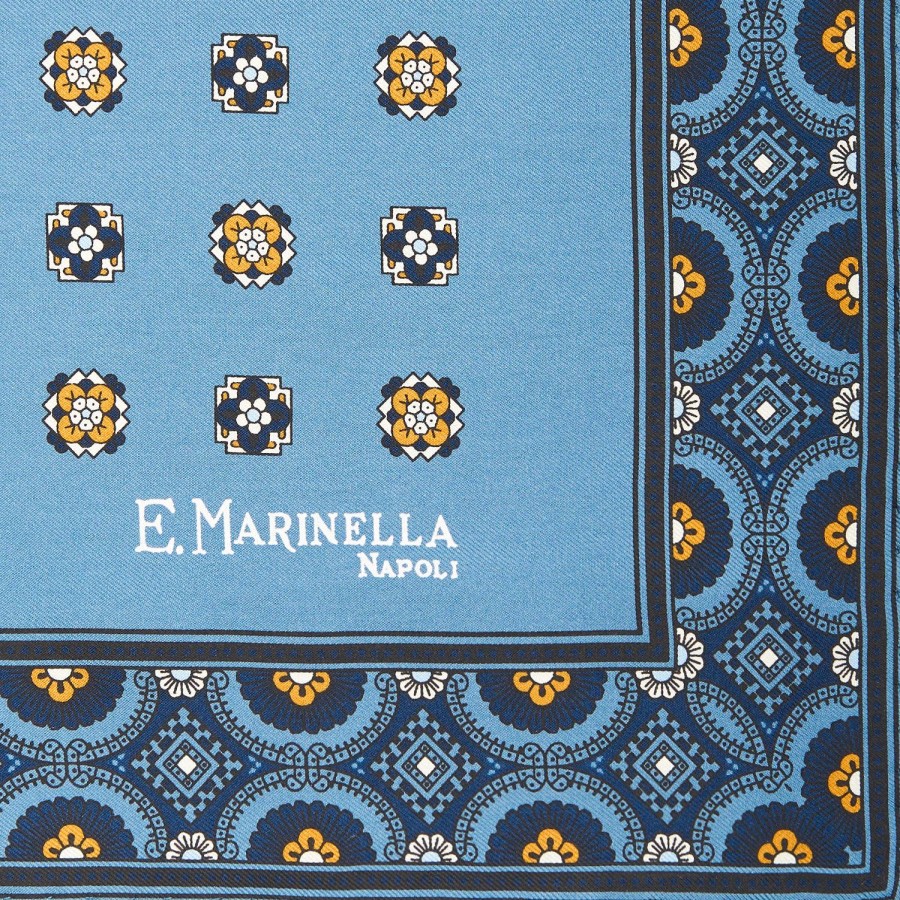 Best E.Marinella Mid Blue Hand-Printed Silk Pocket Square Small Flower Pattern