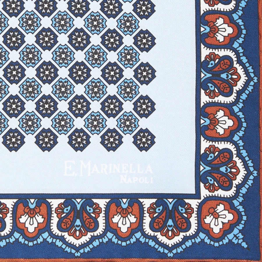 Online E.Marinella Light Blue Hand-Printed Silk Pocket Square Small Flower Pattern