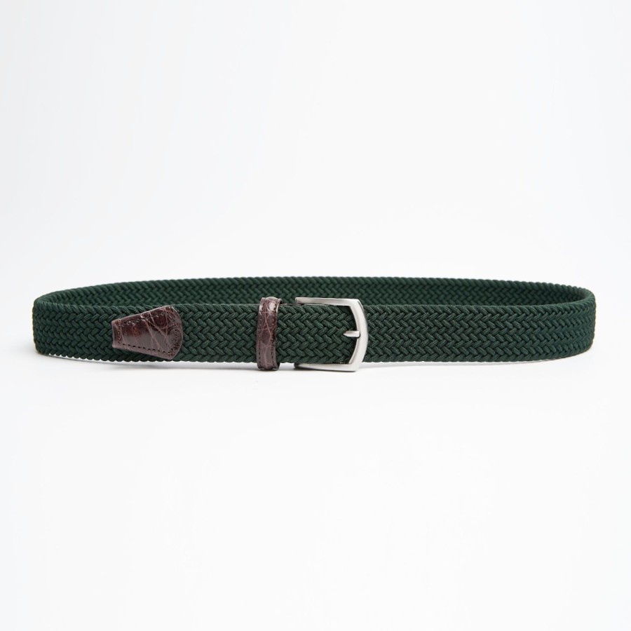 Hot E.Marinella Dark Green Woven Stretch Bel With Alligator Trims