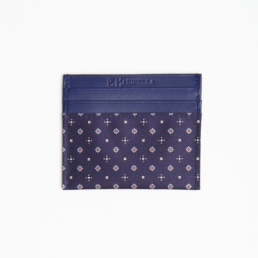 Clearance E.Marinella Dark Blue Leather And Silk Credit Card Holder 5 Compartments