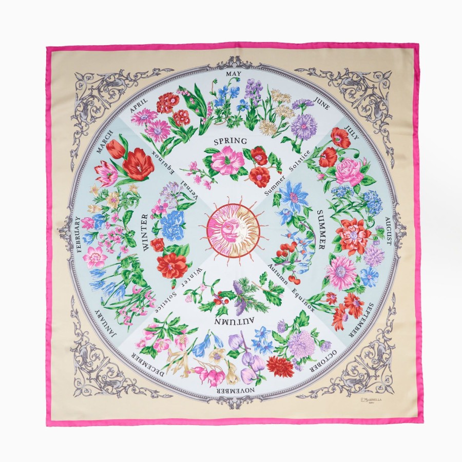 New E.Marinella Beige Silk Scarf 90 - The Wheel Of Seasons