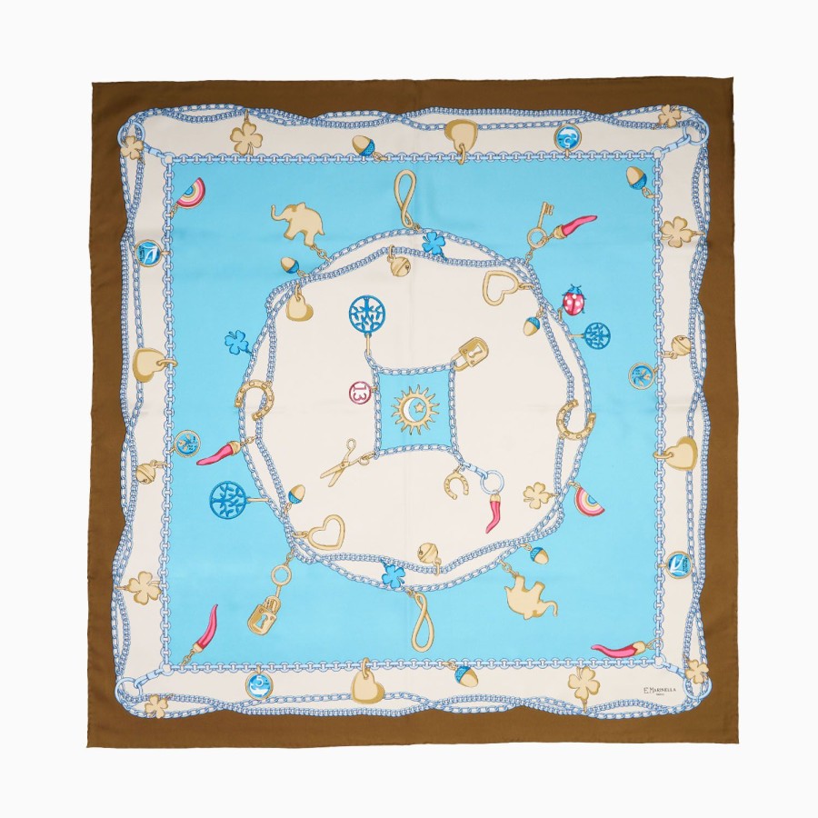 New E.Marinella Light Blue And Dark Brown Silk Scarf 90 - Luchy Charms