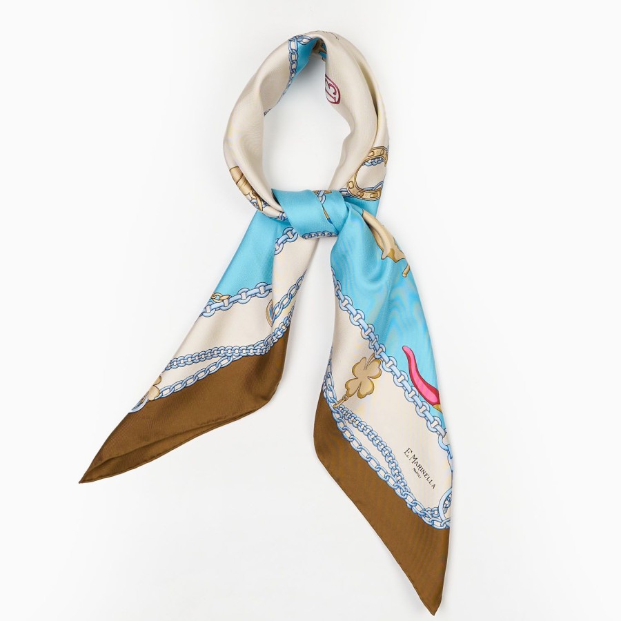 New E.Marinella Light Blue And Dark Brown Silk Scarf 90 - Luchy Charms