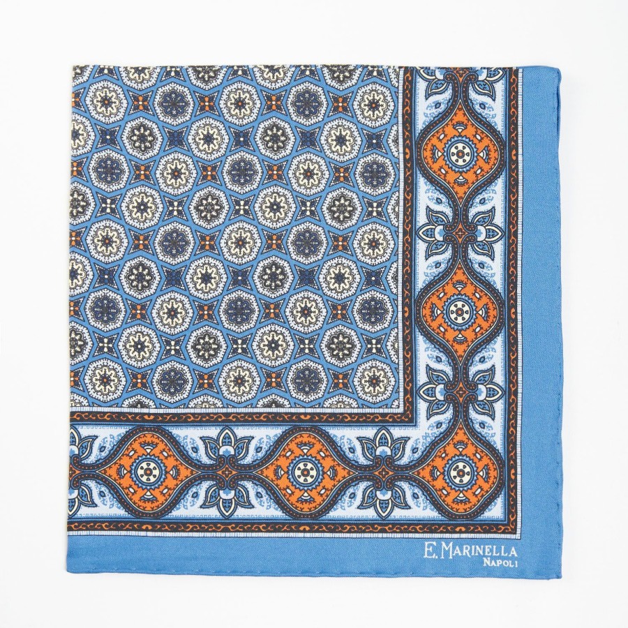 New E.Marinella Bluette Hand-Printed Silk Pocket Square - Large Flower Pattern