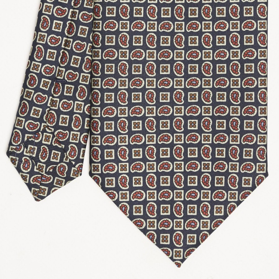 Clearance E.Marinella Dark Blue Extra Long Sartorial Silk Tie - Paisley Pattern