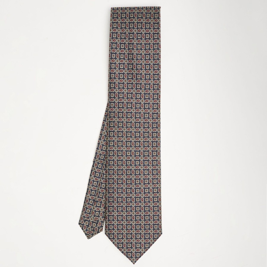 Clearance E.Marinella Dark Blue Extra Long Sartorial Silk Tie - Paisley Pattern