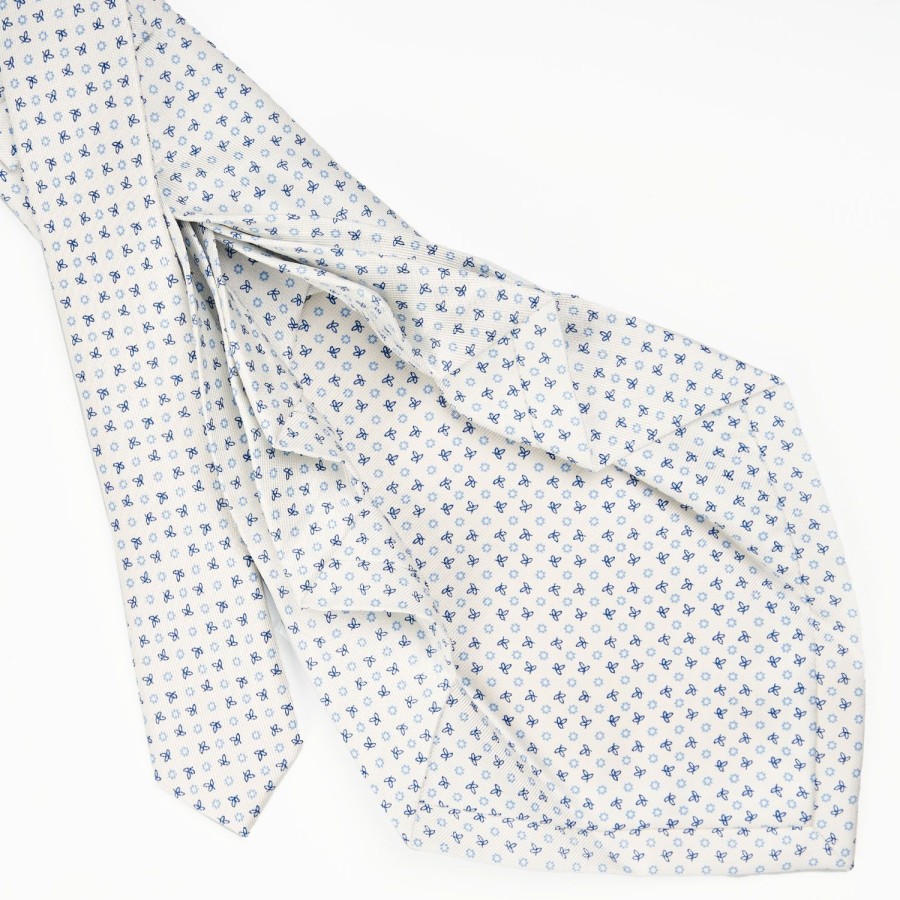 Clearance E.Marinella White 9 Fold Sartorial Silk Tie Small Flower Pattern