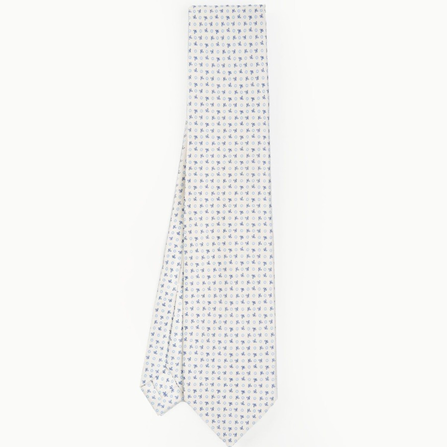 Clearance E.Marinella White 9 Fold Sartorial Silk Tie Small Flower Pattern