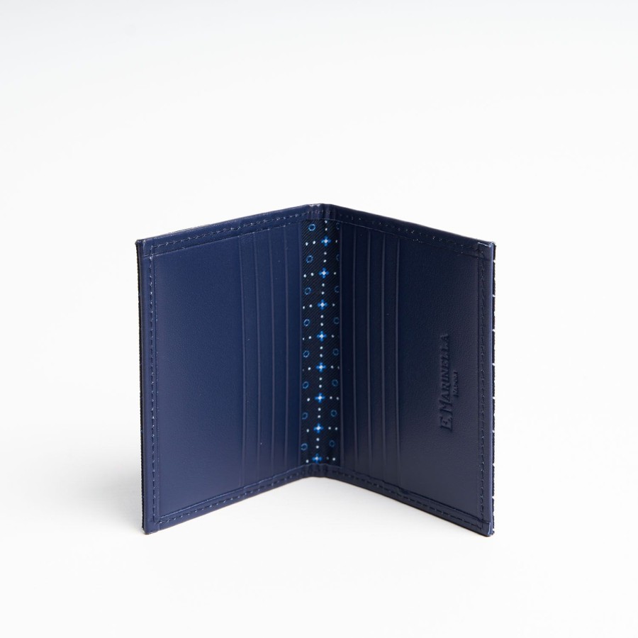 Online E.Marinella Dark Blue Silk And Leather Folding Card Holder - 10 Compartments