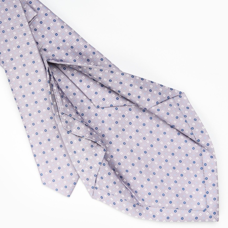 New E.Marinella Light Grey 5 Fold Sartorial Silk Tie - Small Flower Pattern