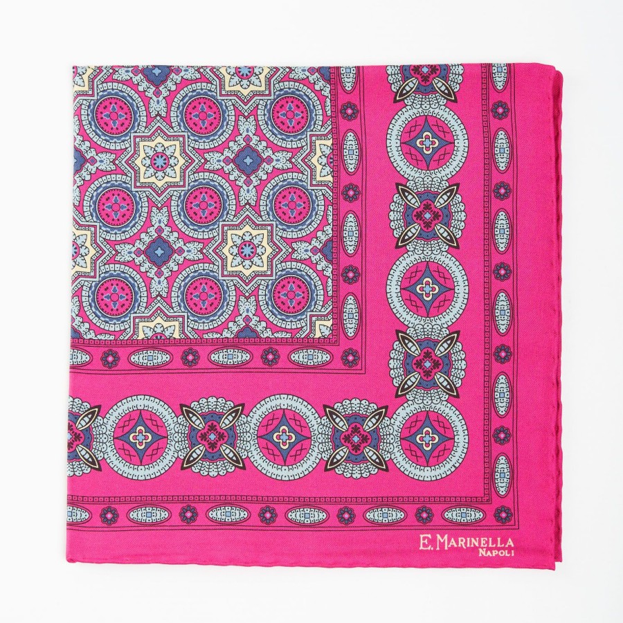 Hot E.Marinella Fuchsia Hand-Printed Silk Pocket Square - Large Flower Pattern