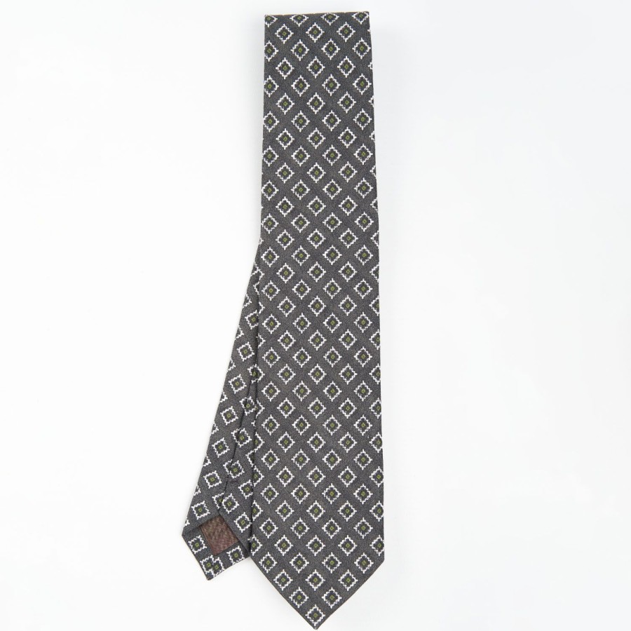 New E.Marinella Dark Grey Sartorial Linen Tie - Geometric Large Patterns