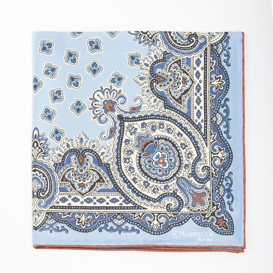 Hot E.Marinella Light Blue Hand-Printed Silk Pocket Square - Large Flower Pattern