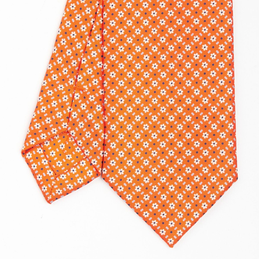 Wholesale E.Marinella Orange Sartorial 7 Cm Silk Tie - Small Flower Pattern