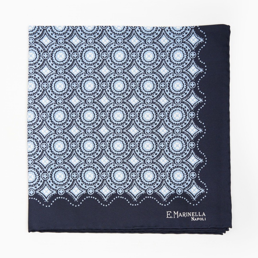 Best E.Marinella Dark Blue Hand-Printed Silk Pocket Square Large Flower Pattern