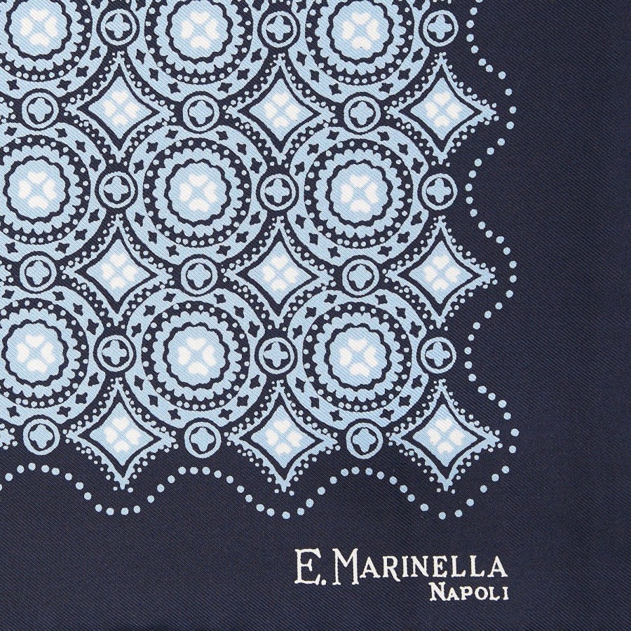 Best E.Marinella Dark Blue Hand-Printed Silk Pocket Square Large Flower Pattern