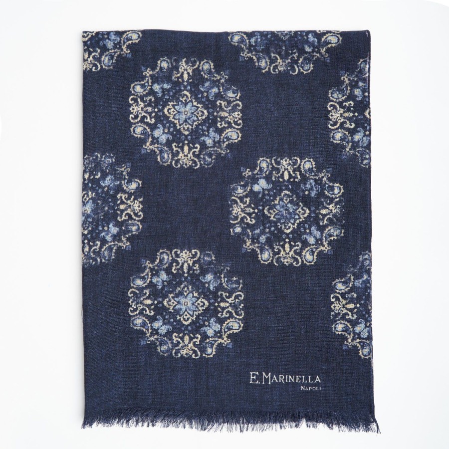 New E.Marinella Blue Wool Stole With Floral Decoration