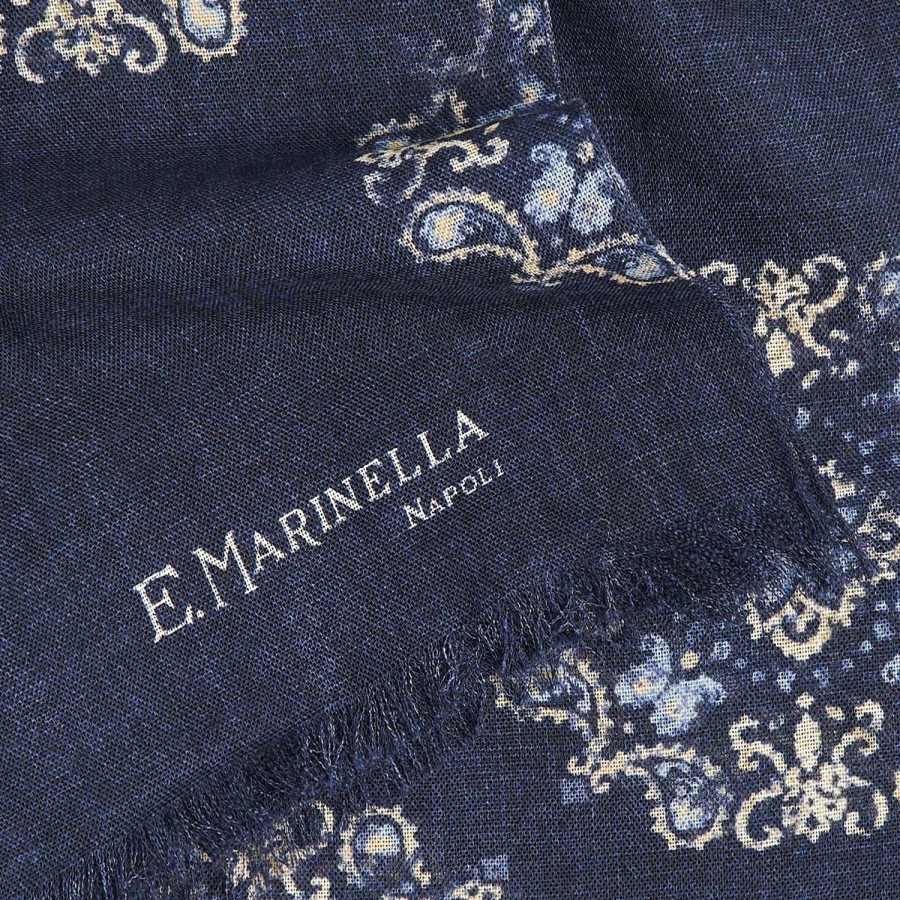 New E.Marinella Blue Wool Stole With Floral Decoration