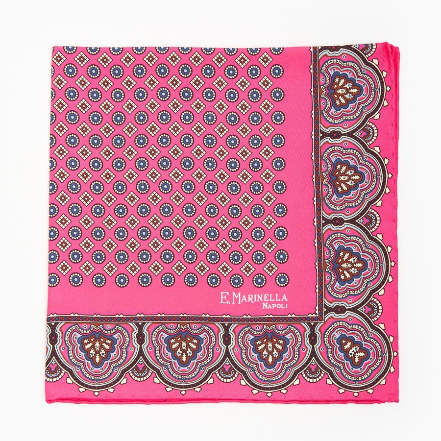 New E.Marinella Pink Hand-Printed Silk Pocket Square Large Flower Pattern