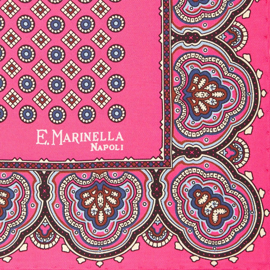 New E.Marinella Pink Hand-Printed Silk Pocket Square Large Flower Pattern