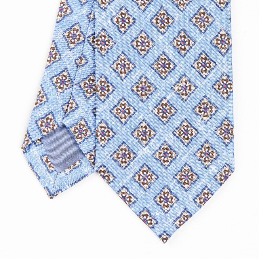 New E.Marinella Light Blue Sartorial Cotton And Silk Tie - Large Flower Pattern