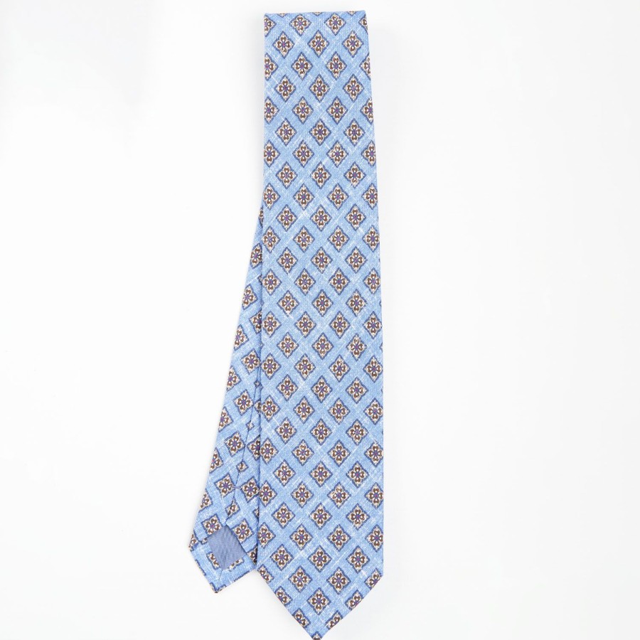 New E.Marinella Light Blue Sartorial Cotton And Silk Tie - Large Flower Pattern